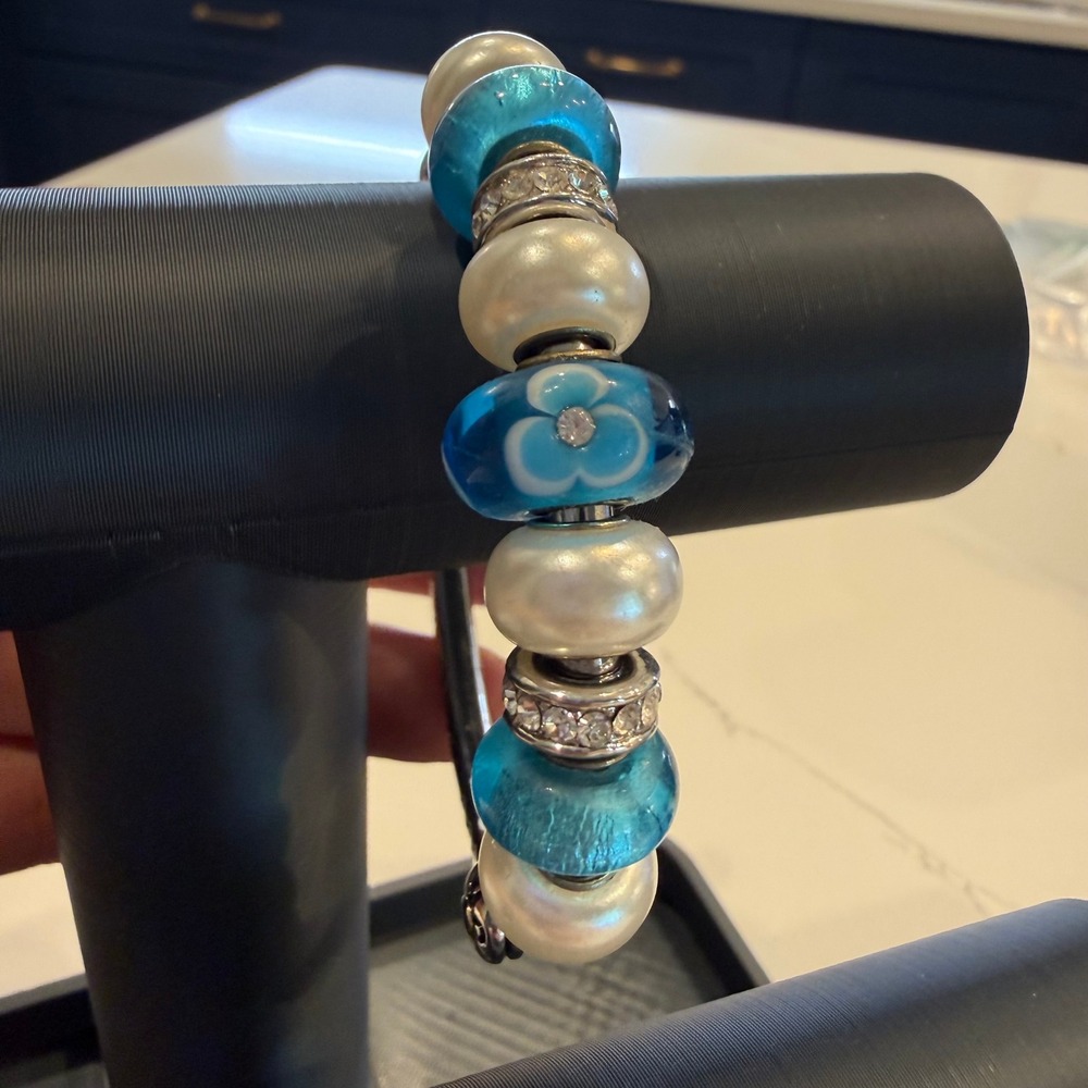 Coastal Glam Bella Perlina Blue White Glass Bead Rhinestone Bangle Bracelet